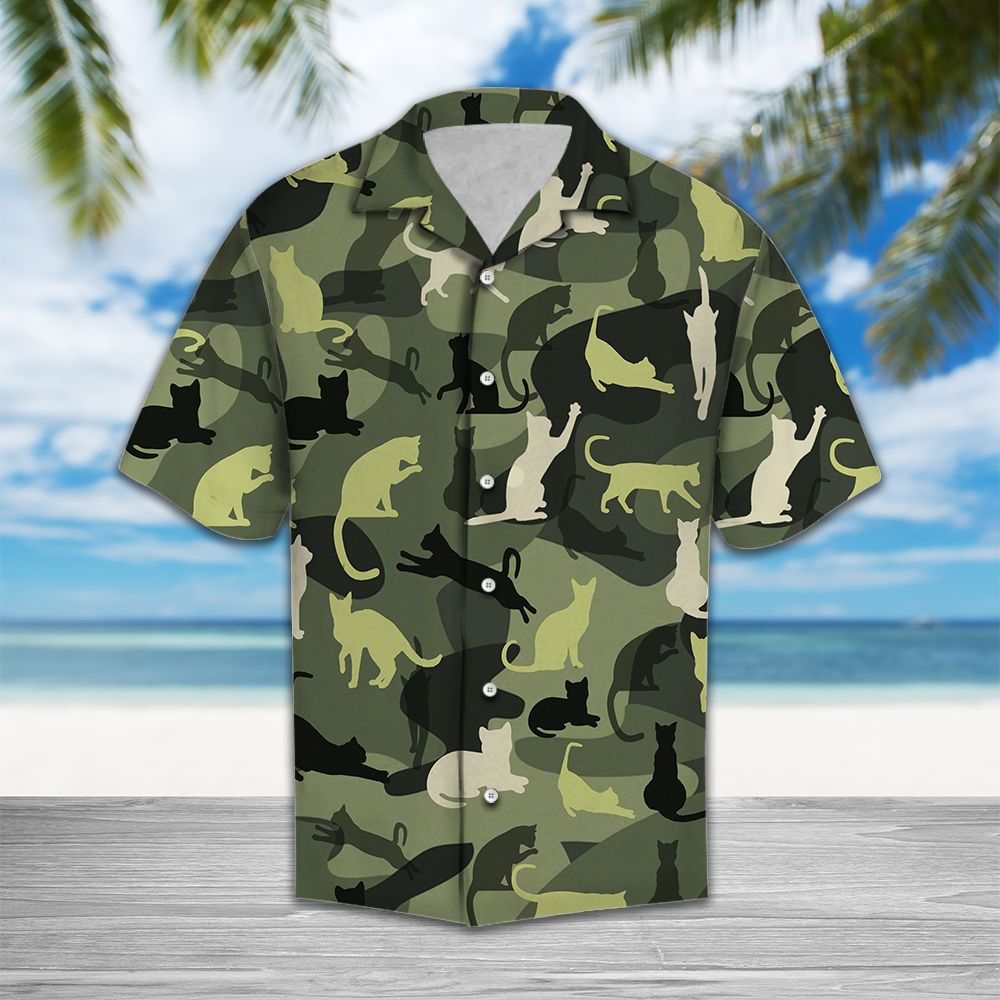 Cat Camo Hawaiian Shirt, Summer Short Sleeve Shirts, Camouflage Cat Aloha Shirts