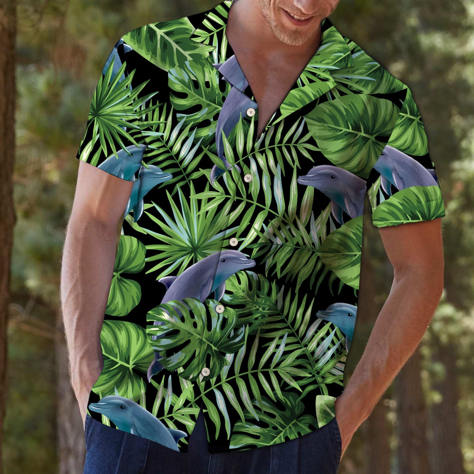 Dolphin Green Tropical Hawaiian Shirt, Ocean Tropical Aloha Shirts, Summer Short Sleeve Shirts