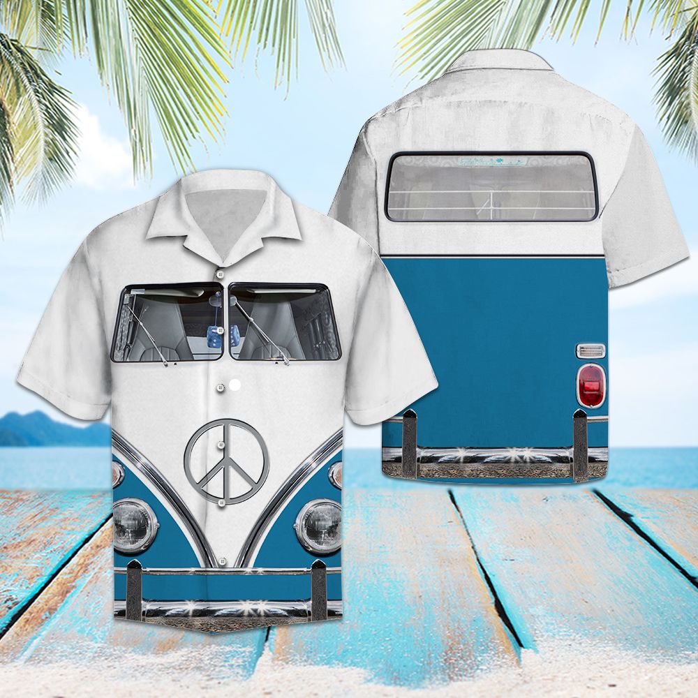 Blue Hippie Bus Hawaiian Shirt, Summer Short Sleeve Shirts, Vintage Hippie Aloha Shirts