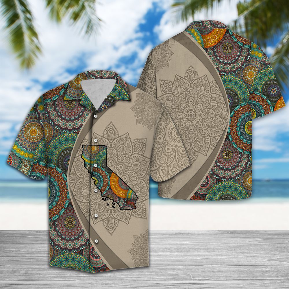 California Mandala Hawaiian Shirt, West Coast Aloha Shirts, Summer Short Sleeve Shirts