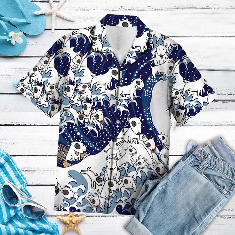 Bull Terrier Waves Hawaiian Shirt, Summer Short Sleeve Shirts, Ocean Dog Aloha Shirts