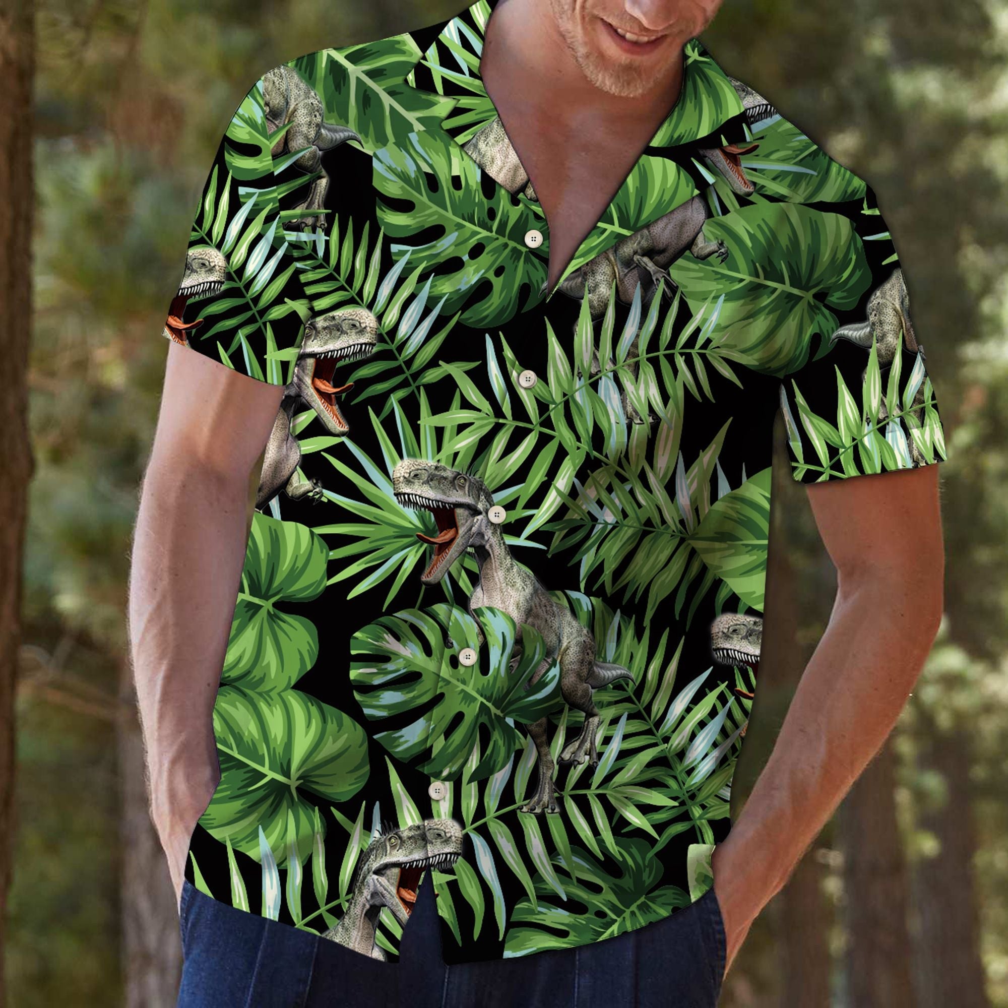 Dinosaur Green Tropical Hawaiian Shirt, Funny Dinosaur Aloha Shirts, Summer Short Sleeve Shirts