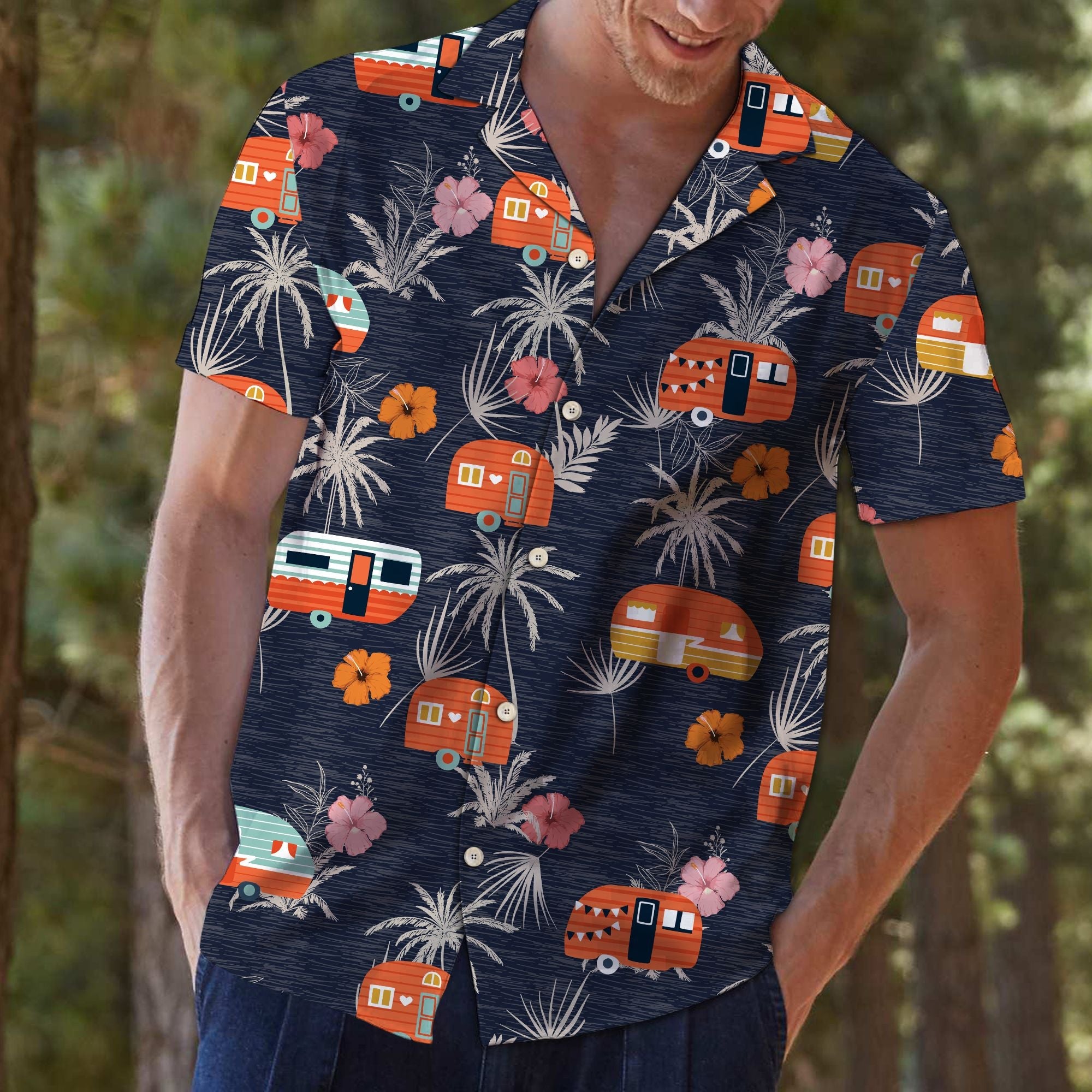 Caravan Exotic Forest Hawaiian Shirt, Summer Short Sleeve Shirts, Travel Caravan Aloha Shirts