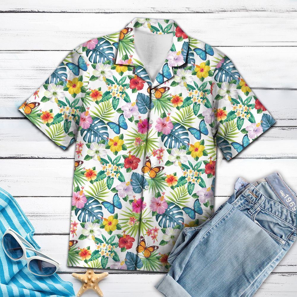 Butterfly Hibiscus Flower Hawaiian Shirt, Summer Short Sleeve Shirts, Floral Butterfly Aloha Shirts