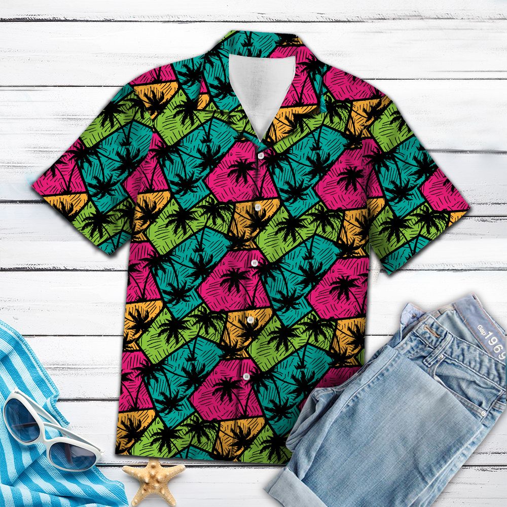 Coconut Palm Colorful Hawaiian Shirt, Summer Short Sleeve Shirts, Colorful Tropical Aloha Shirts