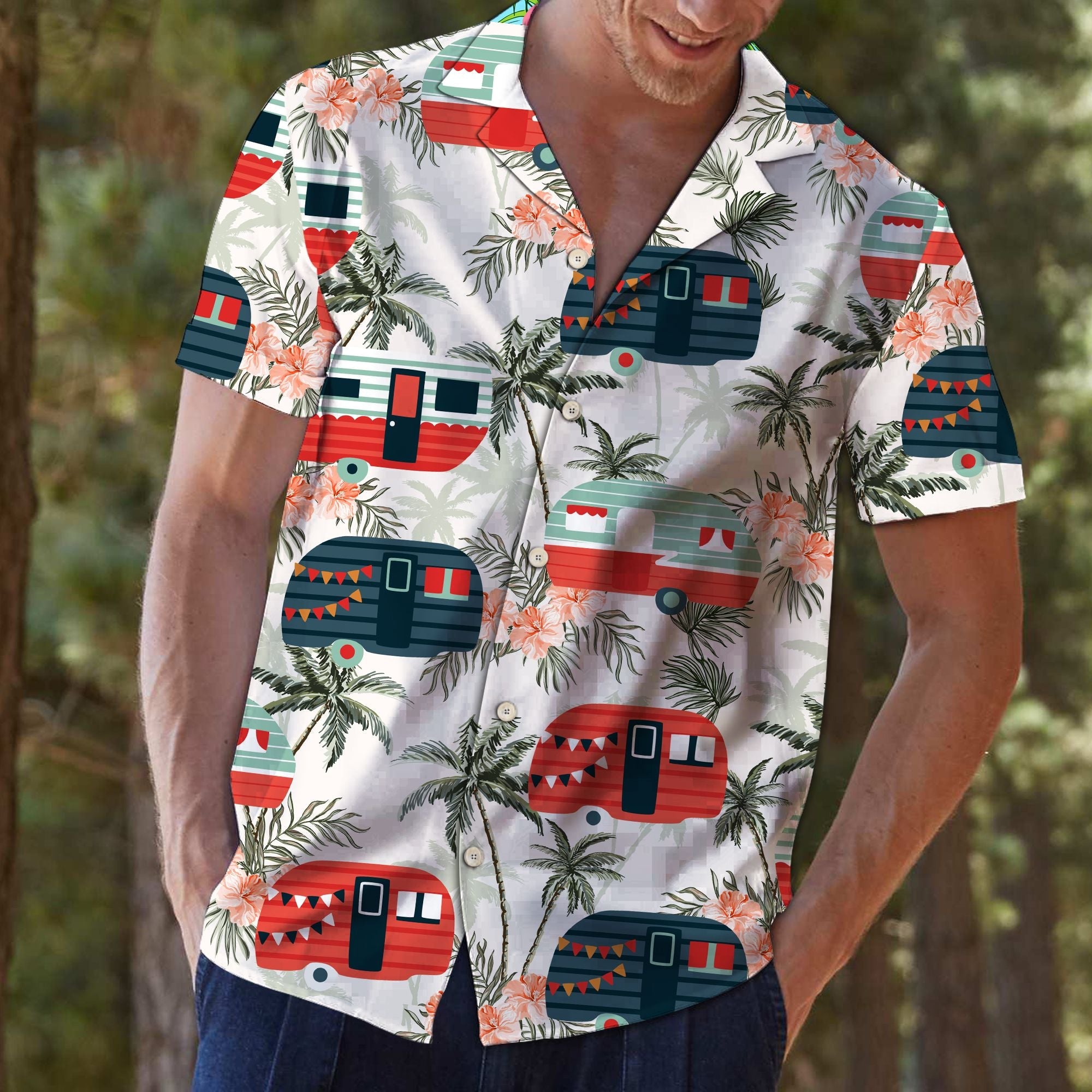 Caravan Tropical Vintage Hawaiian Shirt, Vintage Camping Aloha Shirts, Summer Short Sleeve Shirts
