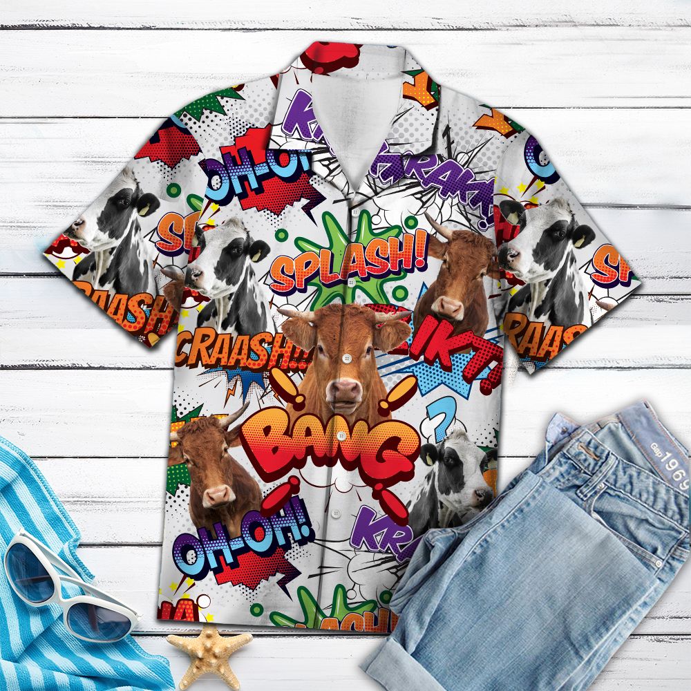 Cow Pop Art Hawaiian Shirt, Artistic Aloha Shirts, Summer Short Sleeve Shirts