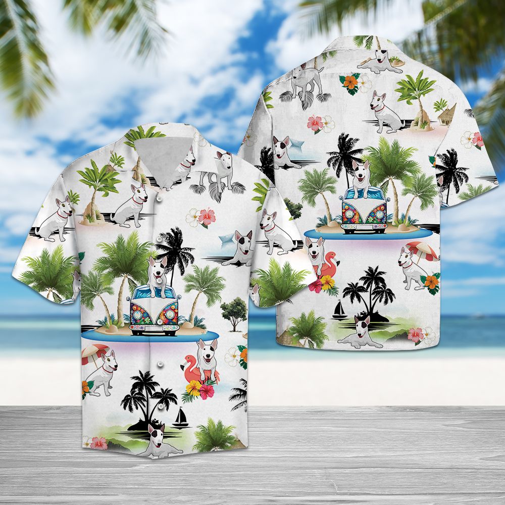 Bull Terrier Vacation Hawaiian Shirt, Summer Short Sleeve Shirts, Dog Beach Aloha Shirts