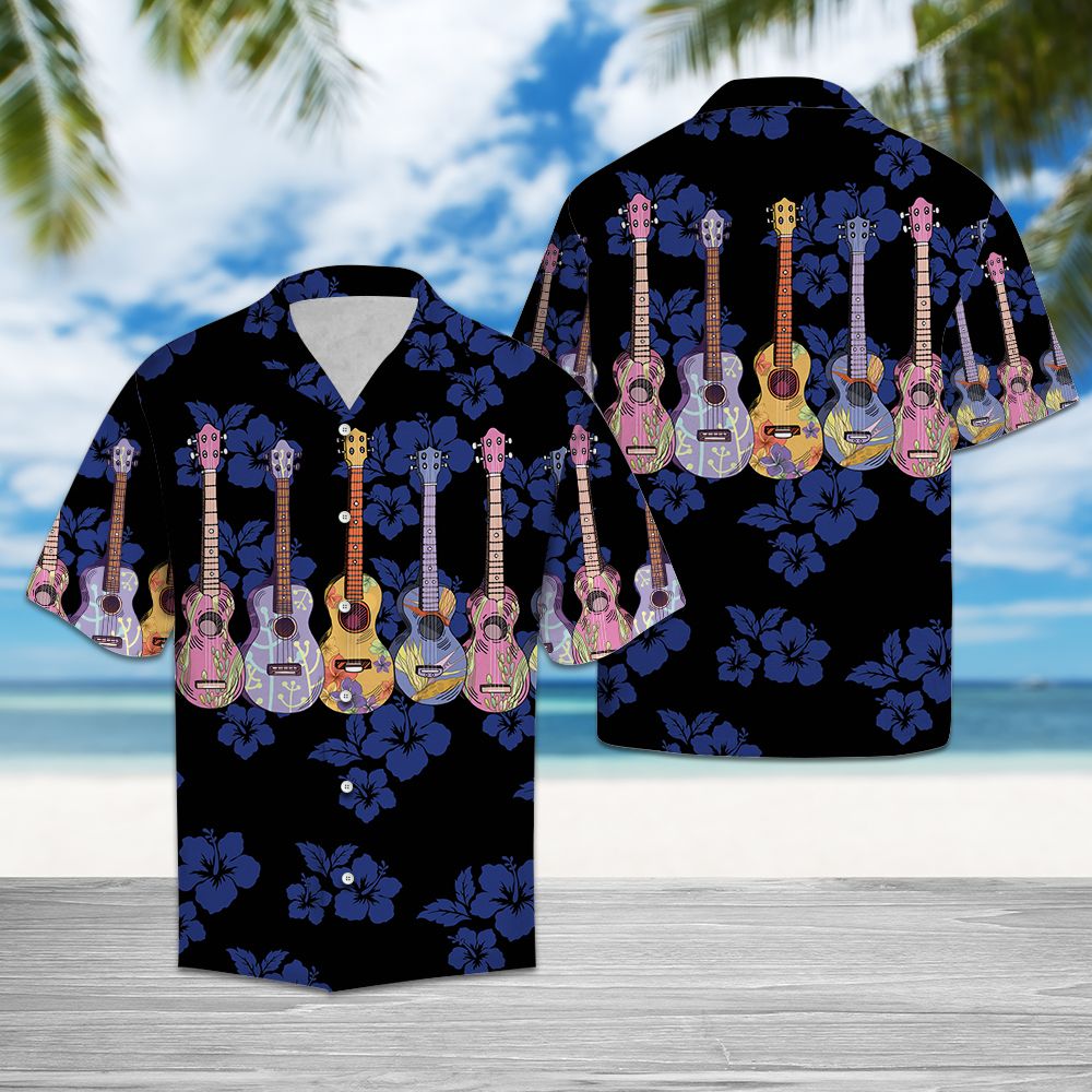 Colorful Ukulele For Vacation Hawaiian Shirt, Vacation Aloha Shirts, Summer Short Sleeve Shirts