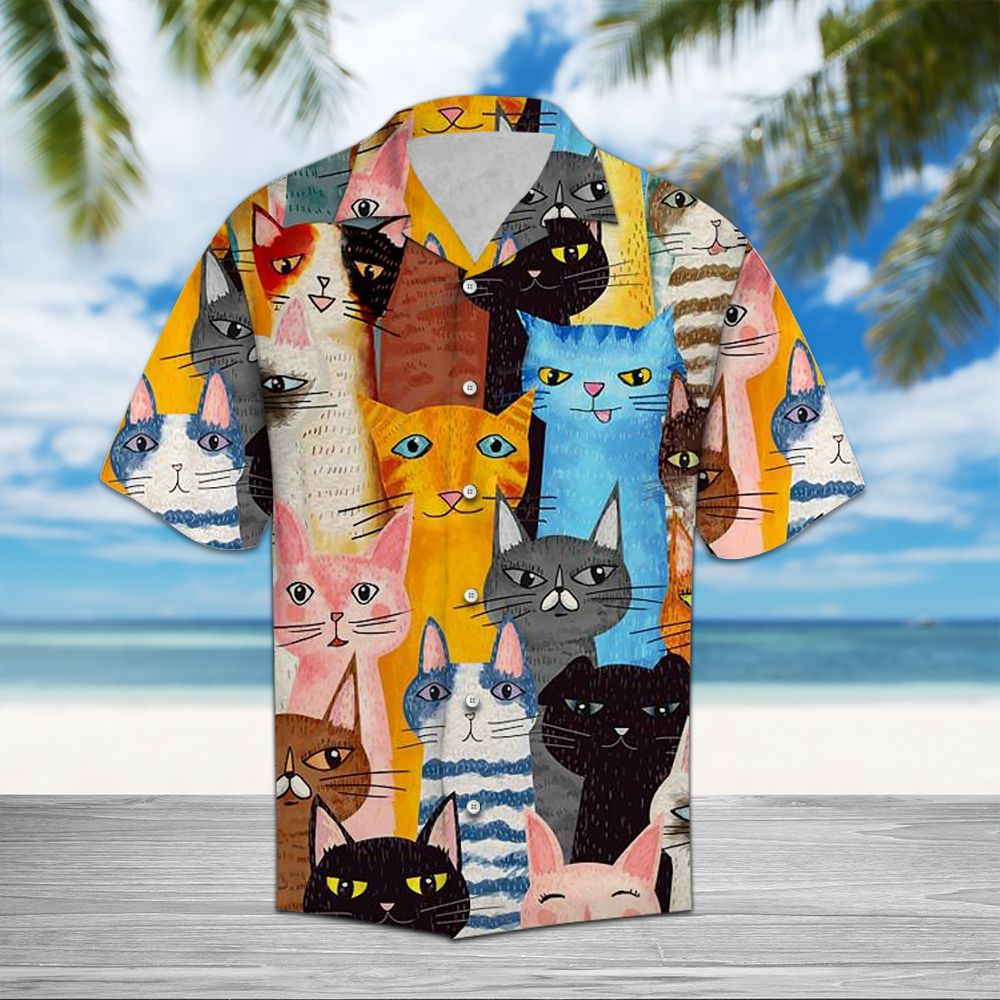 Cat Color Hawaiian Shirt, Summer Short Sleeve Shirts, Colorful Cat Aloha Shirts