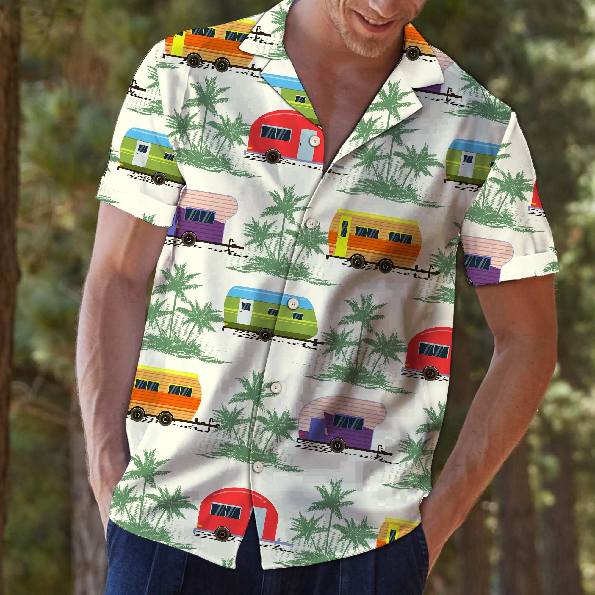 Caravan Green Palm Trees Hawaiian Shirt, Camping Vacation Aloha Shirts, Summer Short Sleeve Shirts