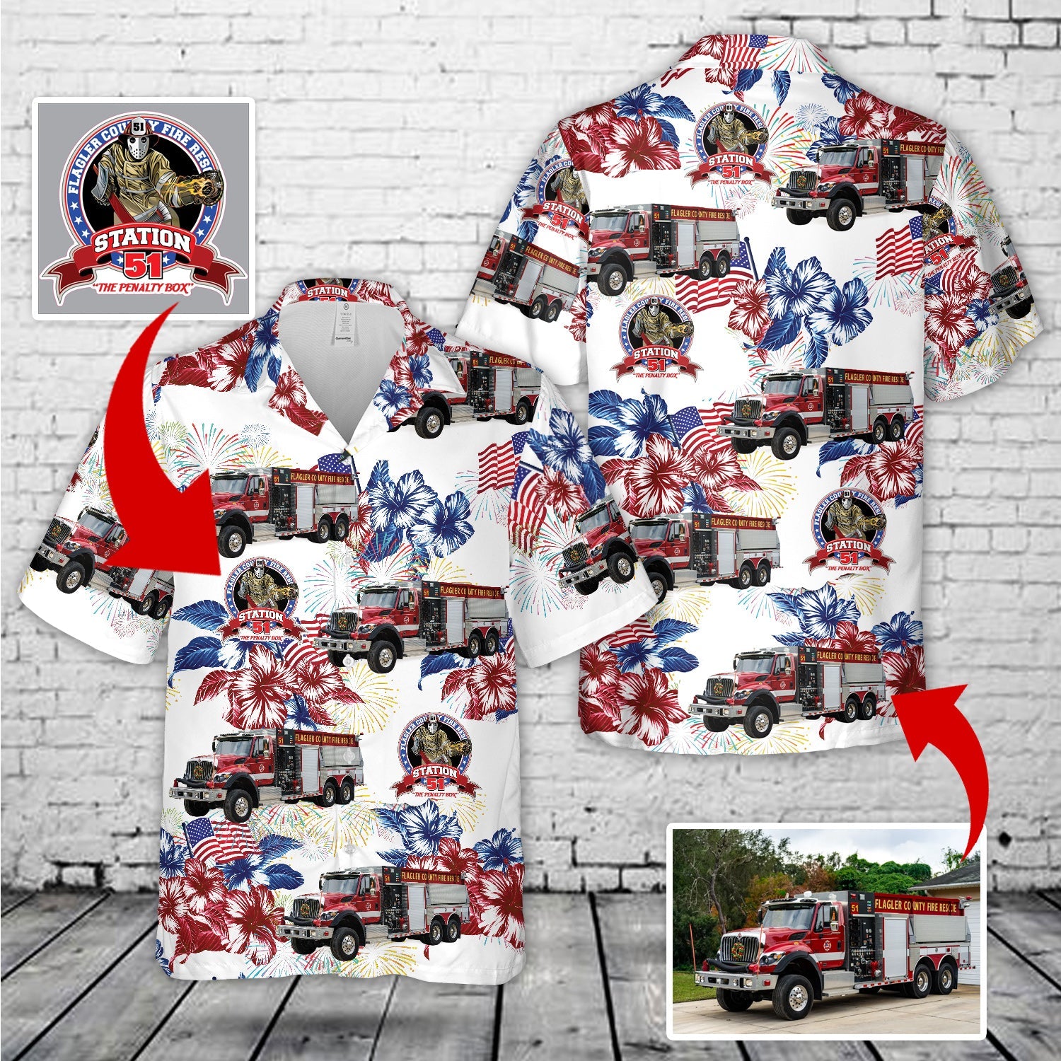 Custom Logo & Fire Truck Firefighter, 4th Of July Hawaiian Shirt