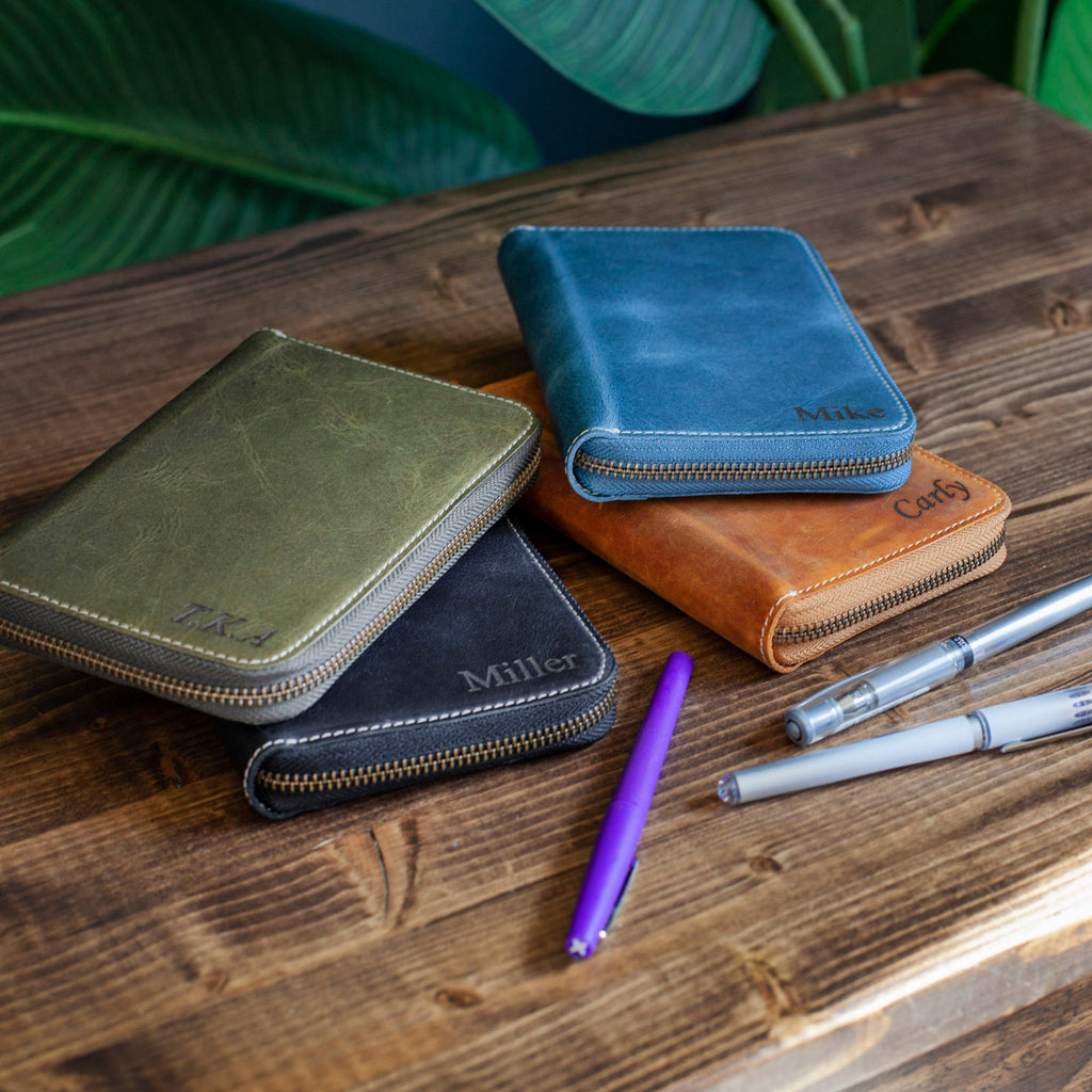 Personalized Hand Crafted Top Grain Leather Travel Journal and Organizer, Padfolio with Pencil Holder, Customized Notepad and Zipper Closure